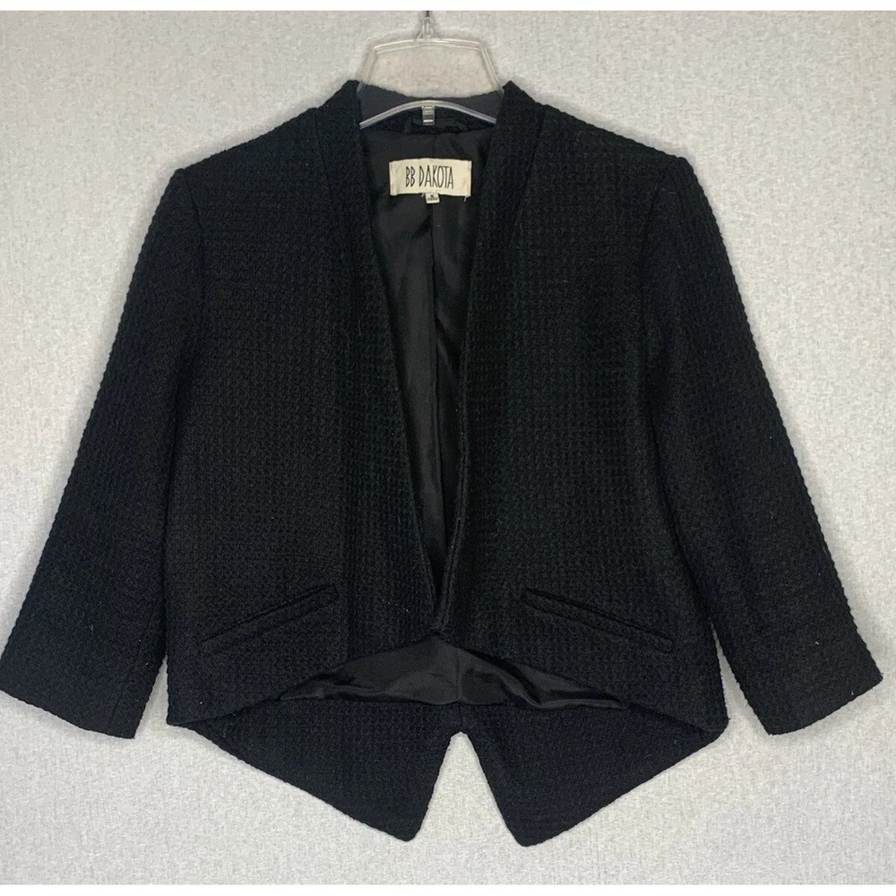 BB Dakota Blazer Womens S Black Open Front Wool Blend Tweed Cropped Professional